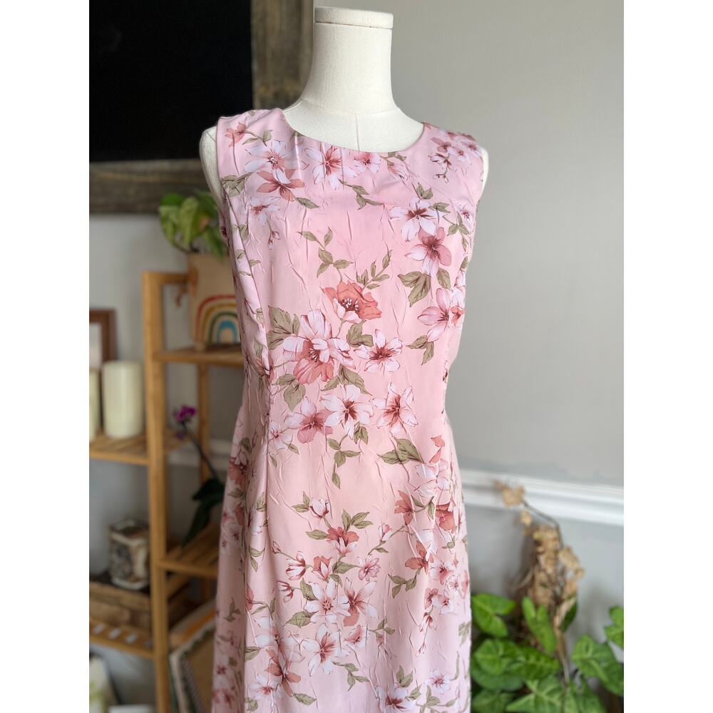 Vintage 90s Maxi Dress Floral Pink Sleeveless Crinkled Spring Easter Size Small